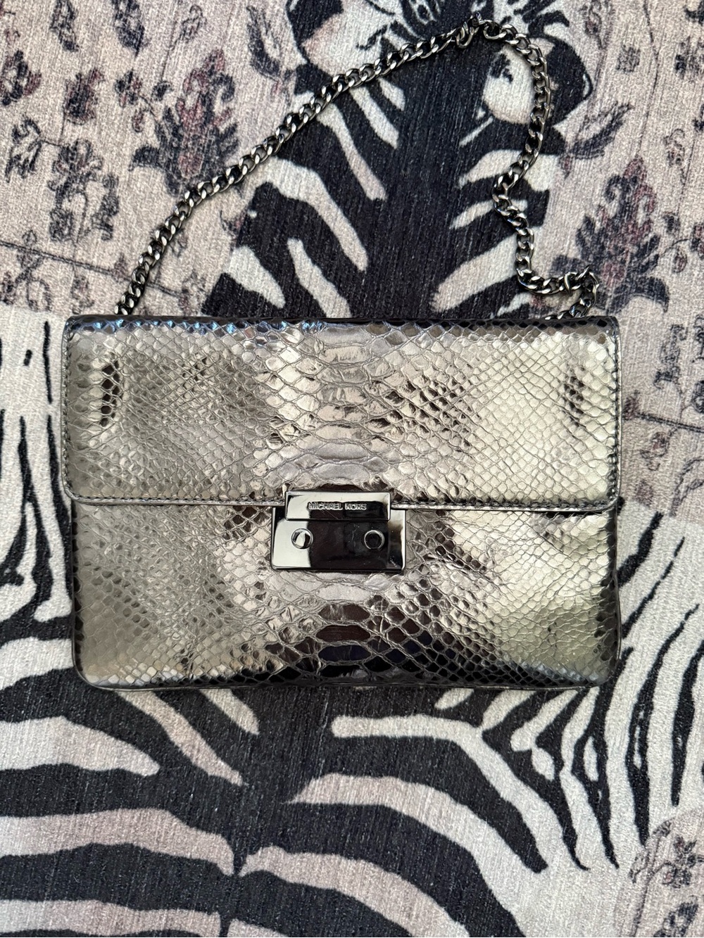 Michael Kors Silver Snake-Embossed Chain Crossbody Bag